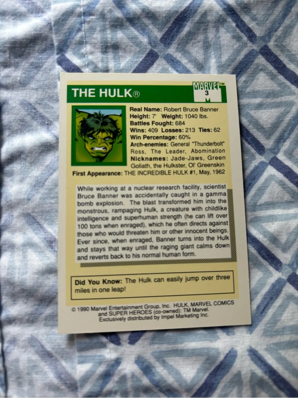 1990 Impel Marvel Universe Trading Card - #3 Hulk.